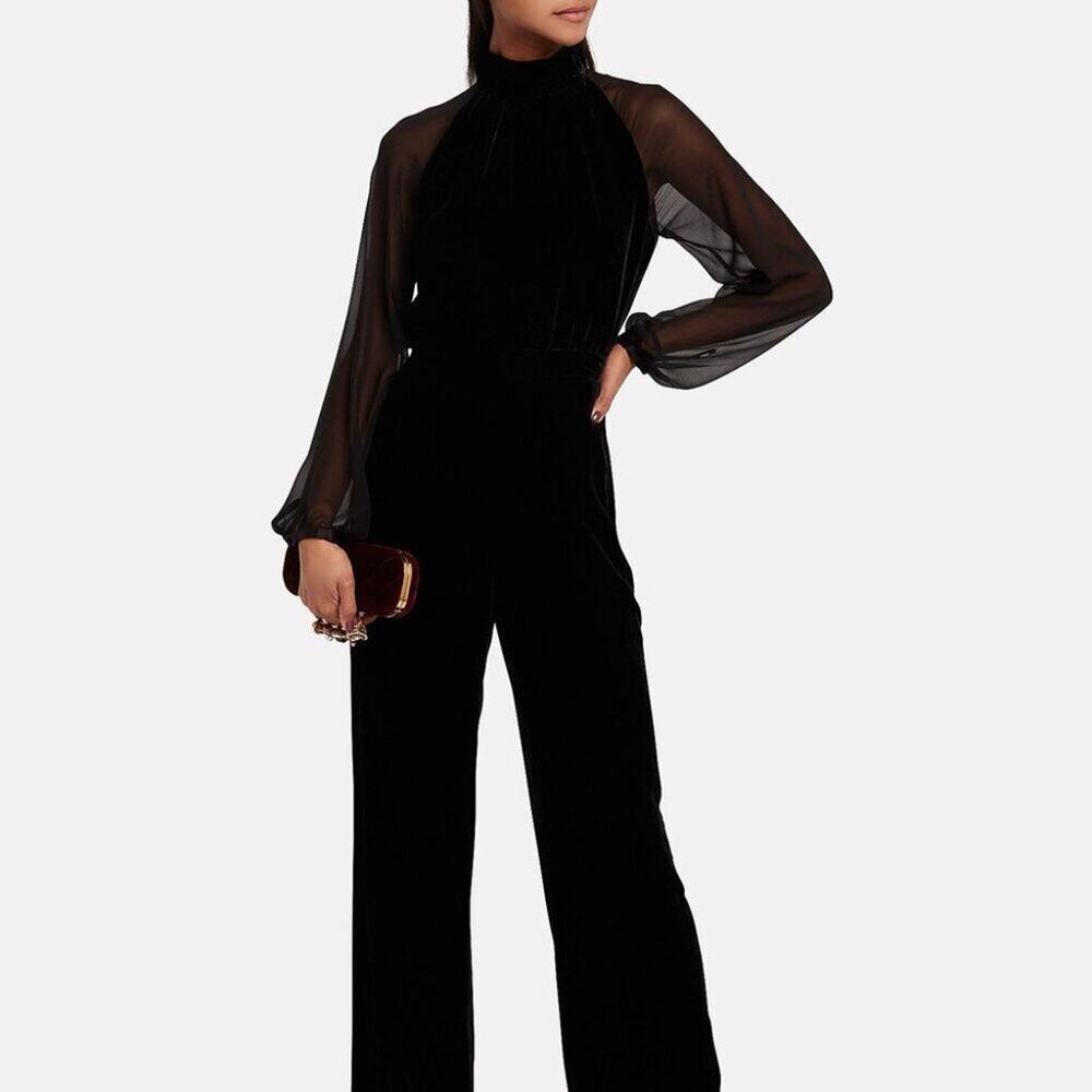 INTERMIX Stella Velvet Jumpsuit High Neck Wide Leg Chic‎ Black Sz 0